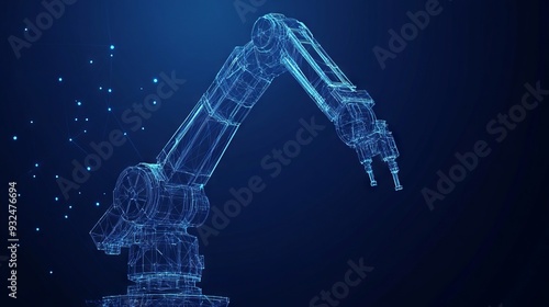 Isolated robotic arm in drak blue background. Industrial technology concept. Abstract polygonal wireframe with lines and dots. Vector sketch drawing. 3d illustration. photo