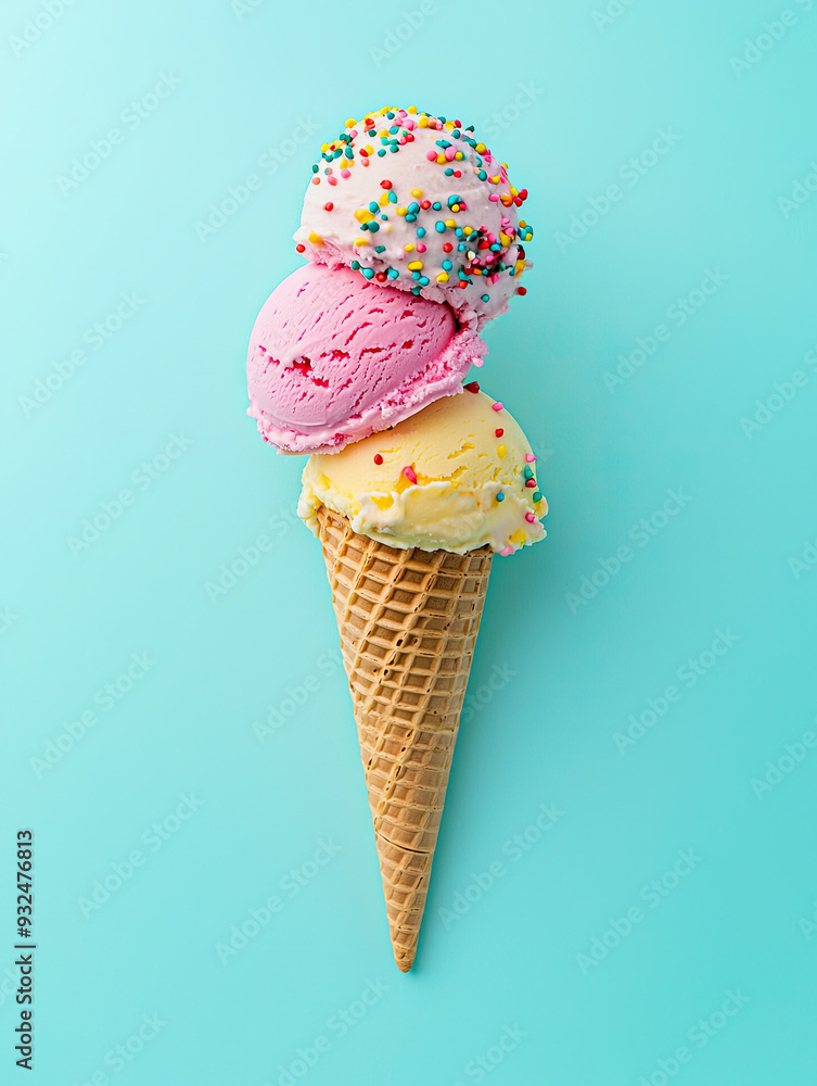 Ice Cream Cone with 3 Flavors, Vanilla, Chocolate, and Strawberry, Isolated on Pastel Mint Background Ice Cream Cone with 3 Flavors, Vanilla, Chocolate, and Strawberry, Isolated on Pastel Mint Background