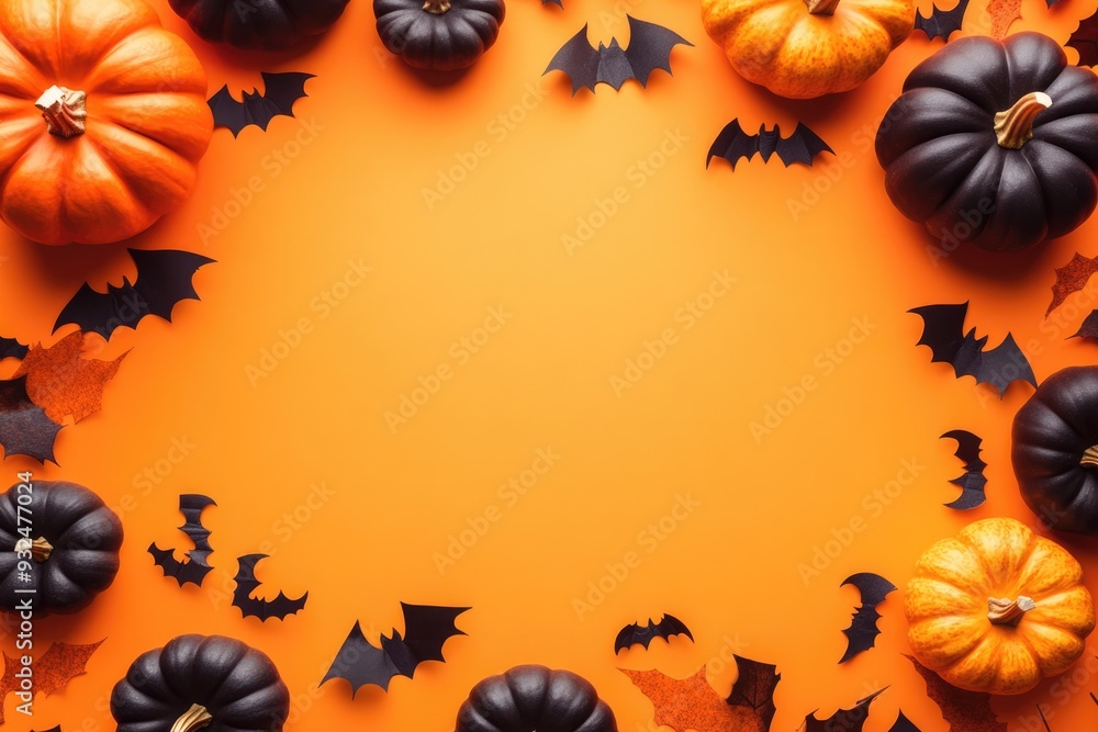 Halloween-themed flat lay on a vibrant orange background with decorations like pumpkins and bats surrounding an empty space for text Halloween-themed flat lay on a vibrant orange background with decorations like pumpkins and bats surrounding an empty space for text