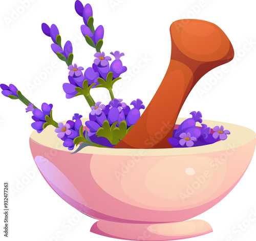 Mortar and pestle grinding fresh lavender flowers, preparing herbal cosmetics, oil, medicine extract and natural organic remedies preparation. Isolated vector concept of Provence, alternative healing