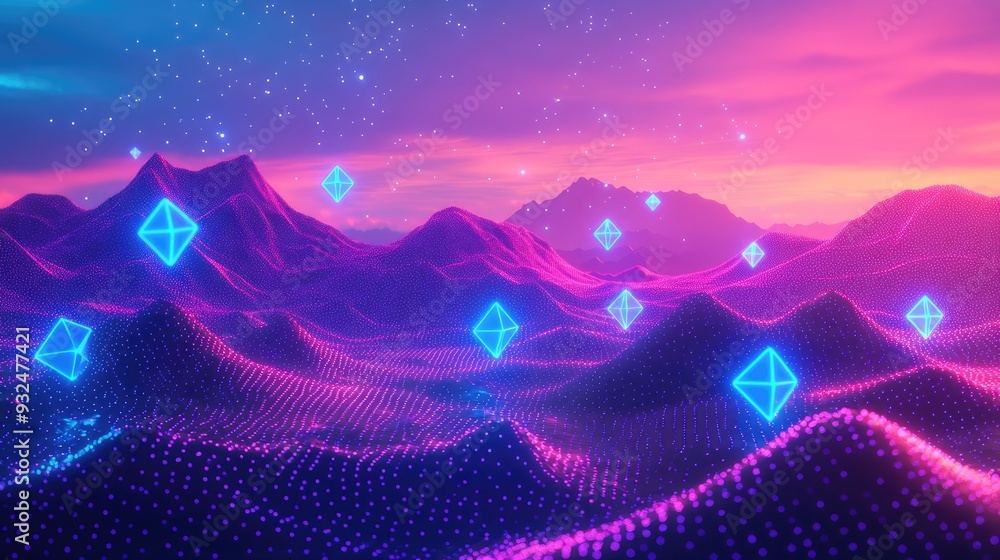 Obraz premium Abstract diamond shapes cascading over a neon dots landscape, set in a paradise background, vibrant and surreal