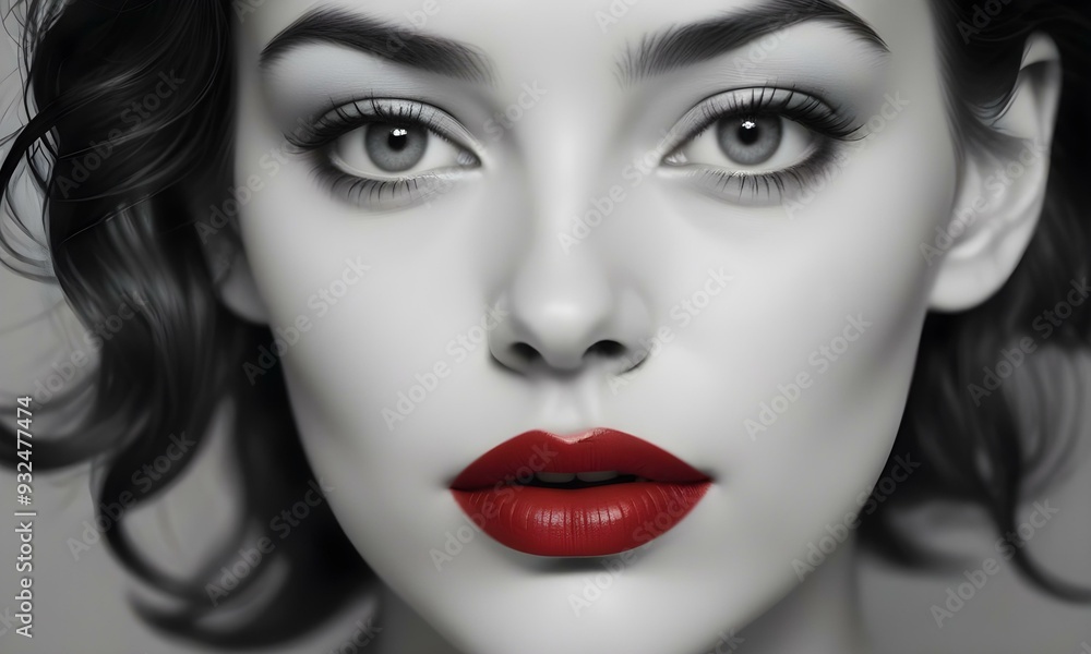 A portrait of a young beautiful woman with dark hair and bold red lips. A portrait of a young beautiful woman with dark hair and bold red lips.