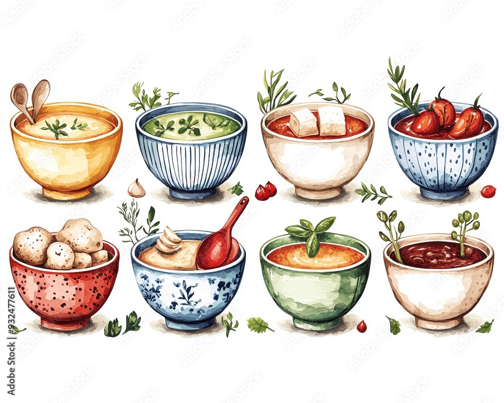 A colorful collection of diverse bowls filled with soups, showcasing fresh ingredients and herbs, perfect for culinary inspiration. A colorful collection of diverse bowls filled with soups, showcasing fresh ingredients and herbs, perfect for culinary inspiration.