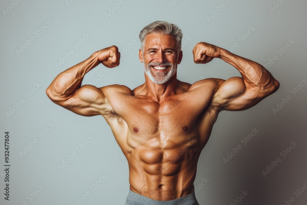 Fototapeta premium A strong senior man with a fit body, smiling confidently and flexing his biceps against a plain background