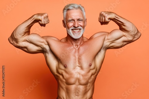 A fit senior man with a toned body, smiling confidently and flexing his biceps against a solid-colored backdrop, embodying strength