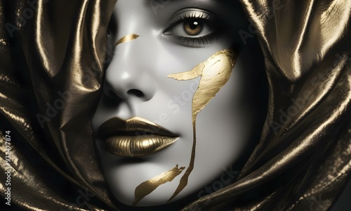 Obraz na płótnie A close-up portrait of a young woman with dark skin , full lips painted in gold , and dramatic eye makeup . w salonie