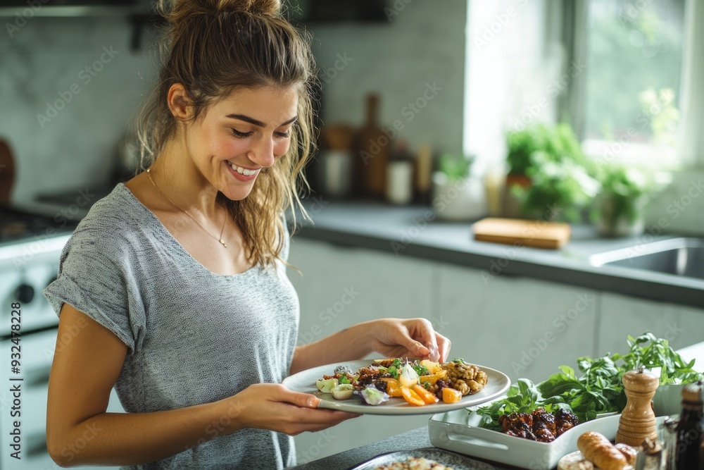 Happy young woman in a stylish kitchen, arranging food on a plate with a content smile, enjoying the process of creating a visually appealing meal at home Happy young woman in a stylish kitchen, arranging food on a plate with a content smile, enjoying the process of creating a visually appealing meal at home