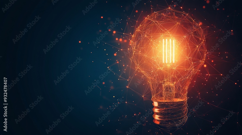 Vector Incandescent lamp with bright light. Low poly wireframe and points. Polygonal 3D white bright warm light on dark background. Idea with geometry triangle. Abstract lamp bulb mash line origami Vector Incandescent lamp with bright light. Low poly wireframe and points. Polygonal 3D white bright warm light on dark background. Idea with geometry triangle. Abstract lamp bulb mash line origami