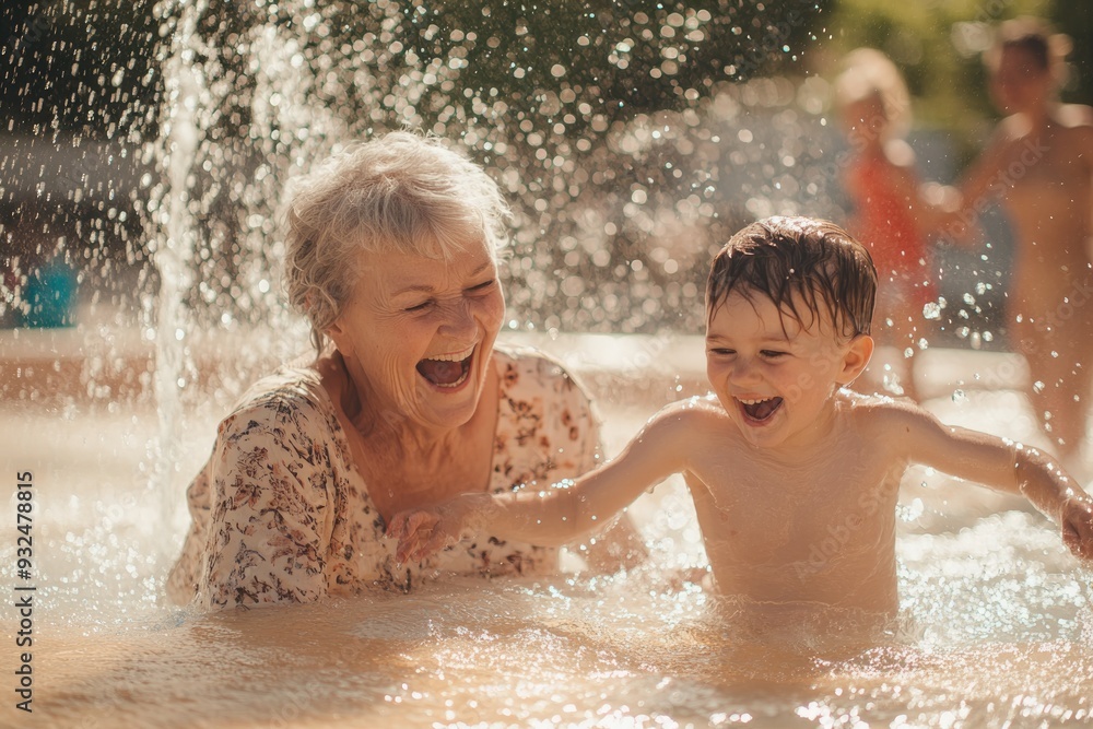 High-resolution brightly lit photorealistic candid photograph of a grandmother and grandchild playing in a splash pad, laughing and enjoying the water on a sunny day. The photograph is styled like a High-resolution brightly lit photorealistic candid photograph of a grandmother and grandchild playing in a splash pad, laughing and enjoying the water on a sunny day. The photograph is styled like a