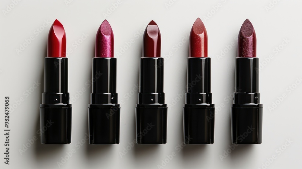 five lipsticks lined up on a white background. five lipsticks lined up on a white background.