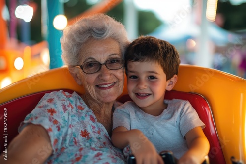 High-resolution brightly lit photorealistic candid photograph of a grandmother and grandchild sharing a delightful day at a nearby amusement park, riding roller coasters and enjoying attractions. The photo