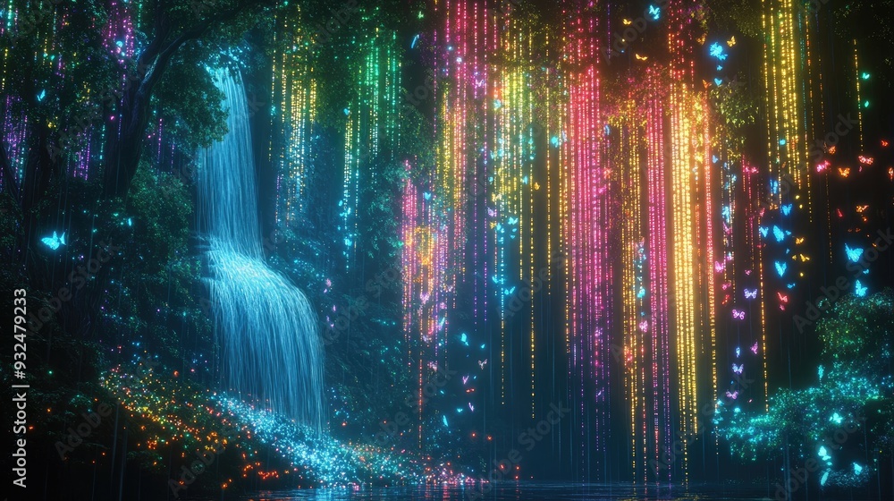 Fototapeta premium Abstract neon dots creating a landscape of trees, waterfall, and butterflies, paradise-like background, luminous and ethereal