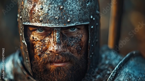 Close-up of a warrior's face covered in mud and wearing a helmet