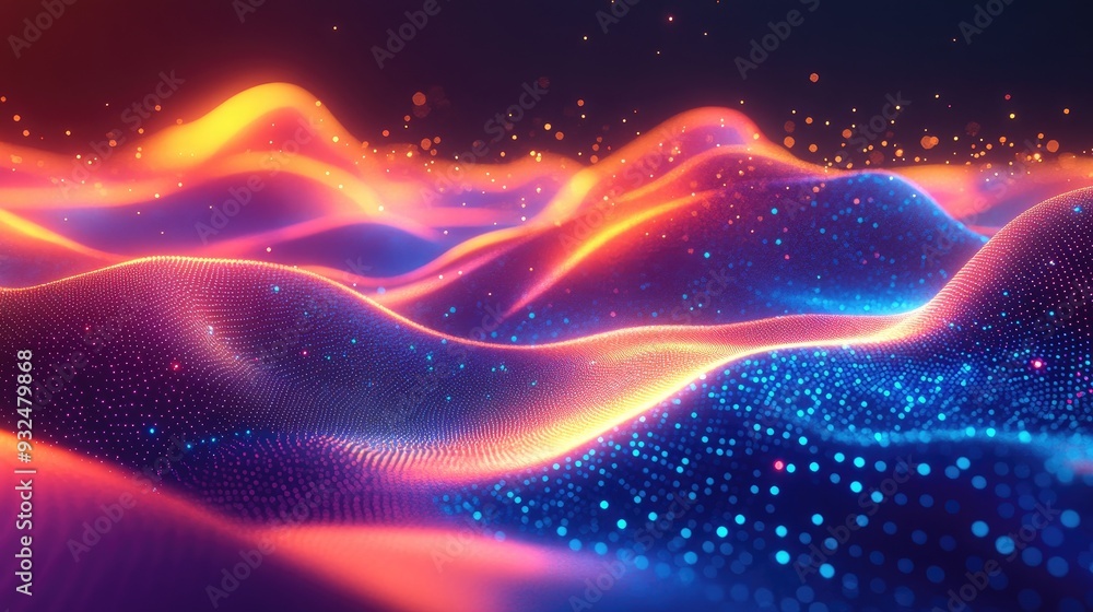 Obraz premium Abstract neon shapes flowing through neon dots landscape, paradise background, modern and vibrant composition