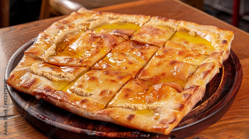 Warm and inviting lavash bread served with fresh hummus and a drizzle of olive oil Warm and inviting lavash bread served with fresh hummus and a drizzle of olive oil