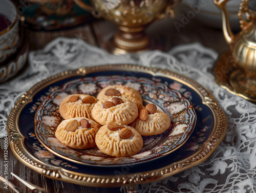 Acıbadem kurabiyesi almond cookies displayed on an ornate Turkish plate, with a traditional tea set and delicate lace tablecloth photo