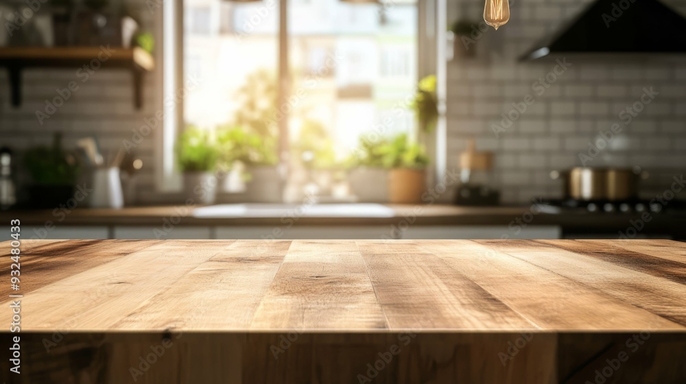 Wide wooden table top on a blurred kitchen background. Free space for product display Wide wooden table top on a blurred kitchen background. Free space for product display