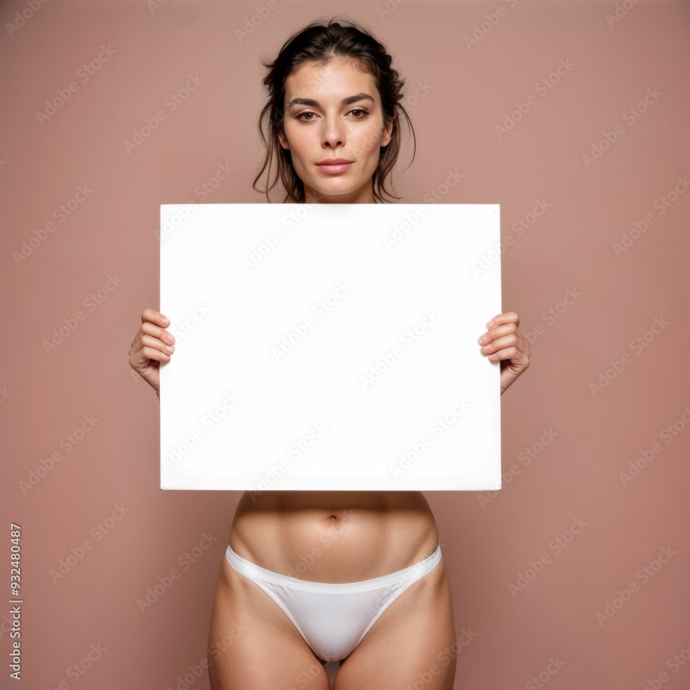 A young woman with light brown hair, fair skin, and an athletic physique, standing against a solid light brown background. She holds a blank white rectangular sign in front of her chest. A young woman with light brown hair, fair skin, and an athletic physique, standing against a solid light brown background. She holds a blank white rectangular sign in front of her chest.