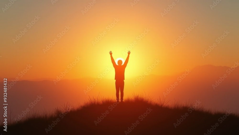 Silhouette of a Man Standing with Arms Raised at Sunset. Generative Ai Silhouette of a Man Standing with Arms Raised at Sunset. Generative Ai