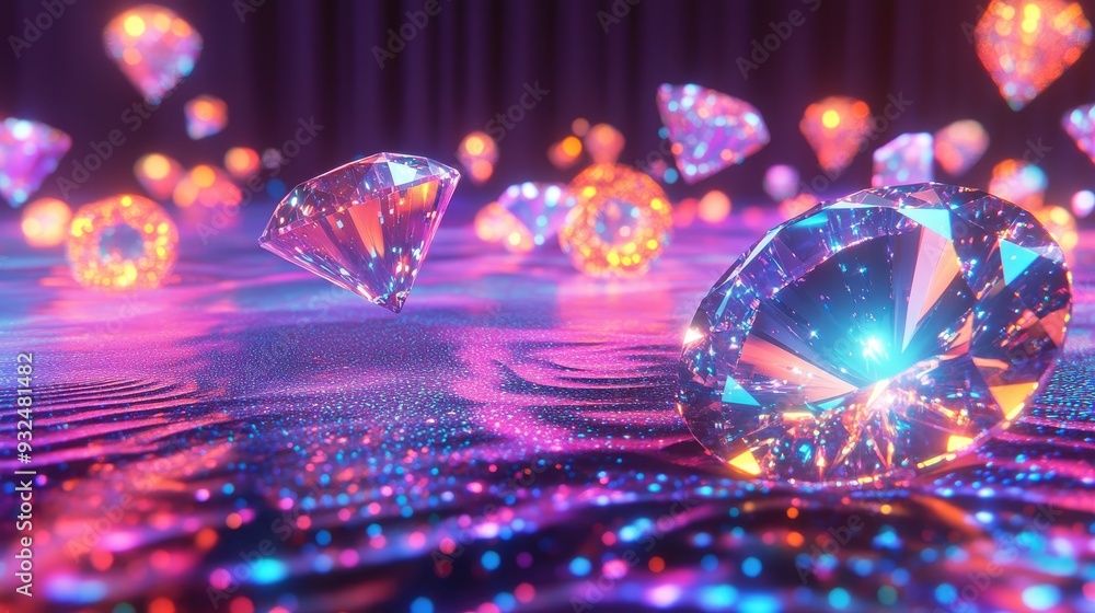 Dropping diamonds of different shapes and sizes over neon dots landscape, set in a paradise-like background, surreal and colorful Dropping diamonds of different shapes and sizes over neon dots landscape, set in a paradise-like background, surreal and colorful