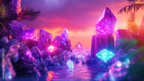 Dropping diamonds of different shapes and sizes over neon dots landscape, set in a paradise-like background, surreal and colorful