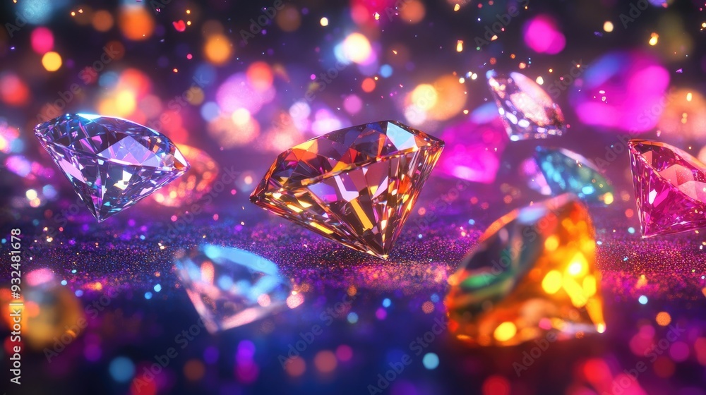 Dropping diamonds of different shapes and sizes over neon dots landscape, set in a paradise-like background, surreal and colorful Dropping diamonds of different shapes and sizes over neon dots landscape, set in a paradise-like background, surreal and colorful
