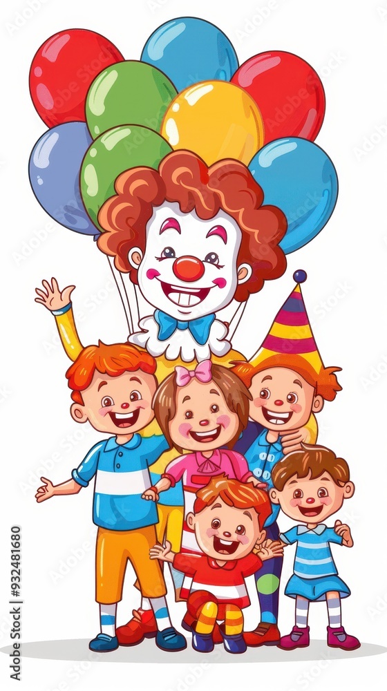 The clown smiles warmly while surrounded by happy children, all holding bright balloons, celebrating together joyfully The clown smiles warmly while surrounded by happy children, all holding bright balloons, celebrating together joyfully