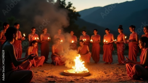 Group of women meditating around a fire at night. Generative Ai