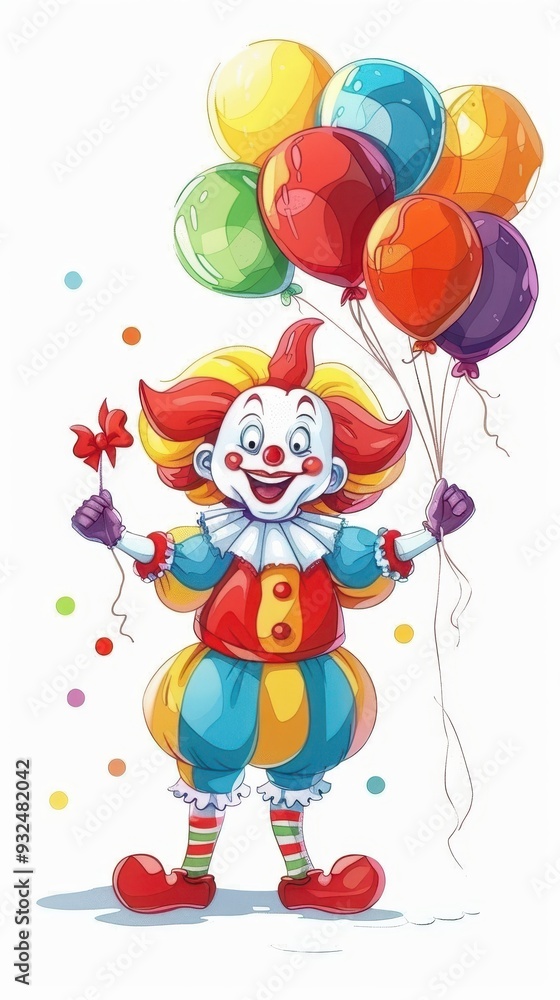 A cute clown smiles kindly while holding colorful balloons, spreading joy and happiness at a fun-filled celebration for all ages A cute clown smiles kindly while holding colorful balloons, spreading joy and happiness at a fun-filled celebration for all ages