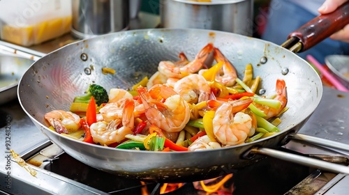 Wok filled with stirfry shrimps You bao xia and colorful vegetables sizzling in the street food market photo