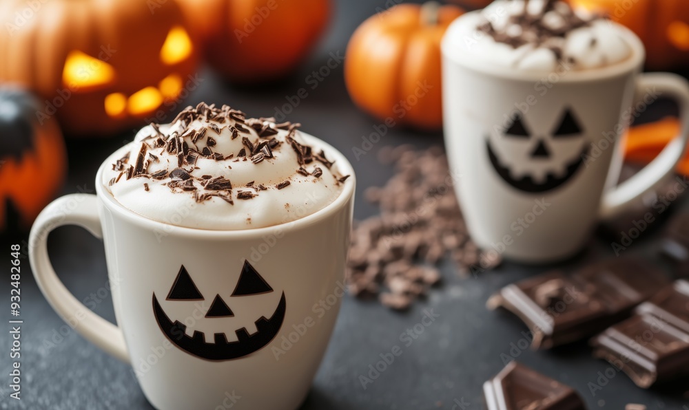 Espresso and steamed milk cups with Halloween-themed art and chocolate shavings on top. Lattes with a generous amount of foam in celebration of Halloween. Espresso and steamed milk cups with Halloween-themed art and chocolate shavings on top. Lattes with a generous amount of foam in celebration of Halloween.