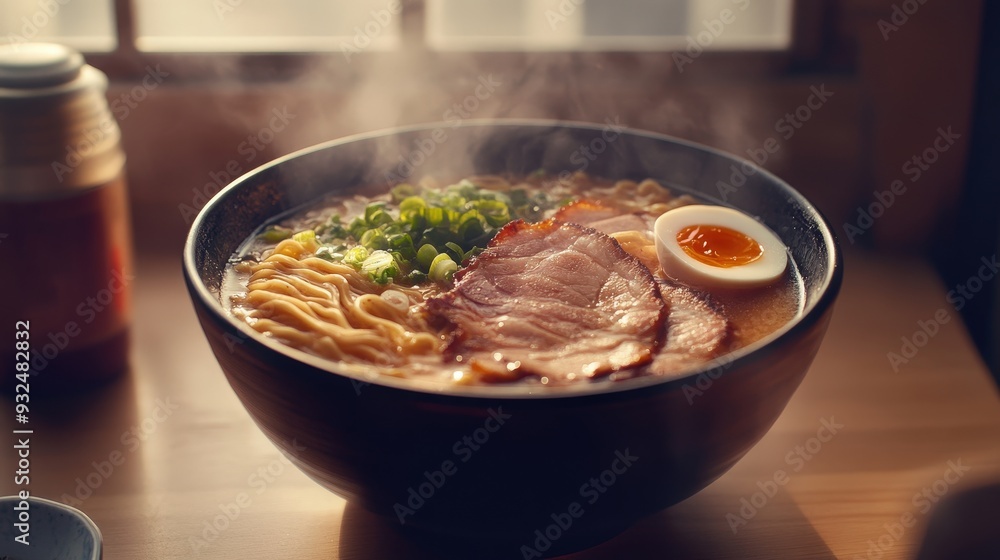 Delicious Ramen Bowl with Pork, Noodles, and Scallions in Rich Broth Delicious Ramen Bowl with Pork, Noodles, and Scallions in Rich Broth