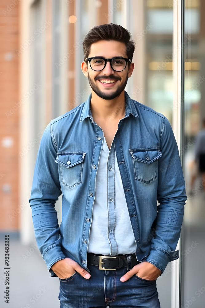 A young man smiling confidently while standing outdoors. He is wearing a denim shirt over a light-colored t-shirt, with dark jeans. The background features modern architecture and glass panels. A young man smiling confidently while standing outdoors. He is wearing a denim shirt over a light-colored t-shirt, with dark jeans. The background features modern architecture and glass panels.