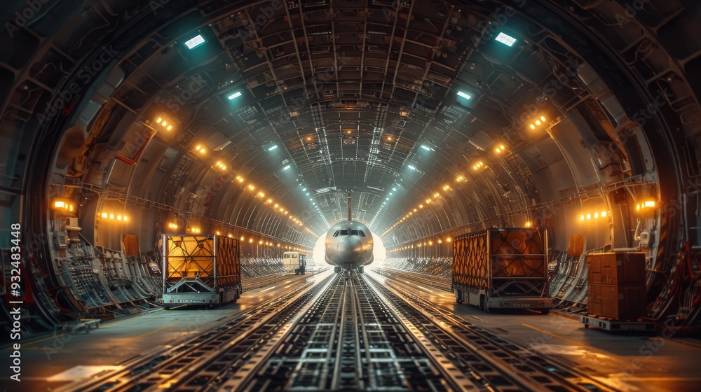 Workers securing air containers inside the cargo hold of a large freight aircraft Workers securing air containers inside the cargo hold of a large freight aircraft