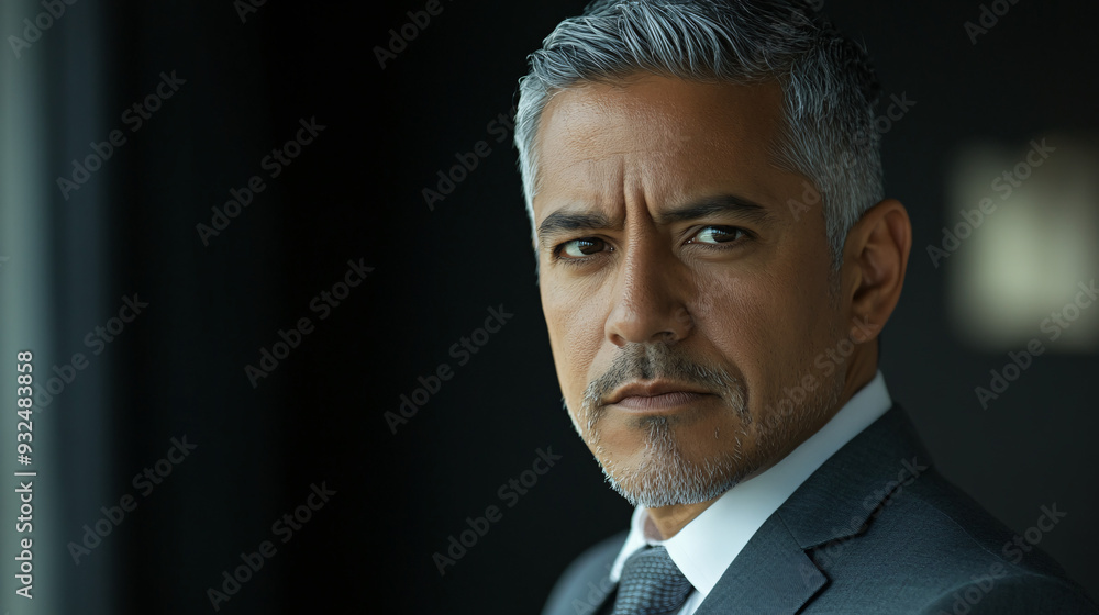 A determined Hispanic man in his 40s wearing a grey business suit exuding confidence and professionalism. A determined Hispanic man in his 40s wearing a grey business suit exuding confidence and professionalism.