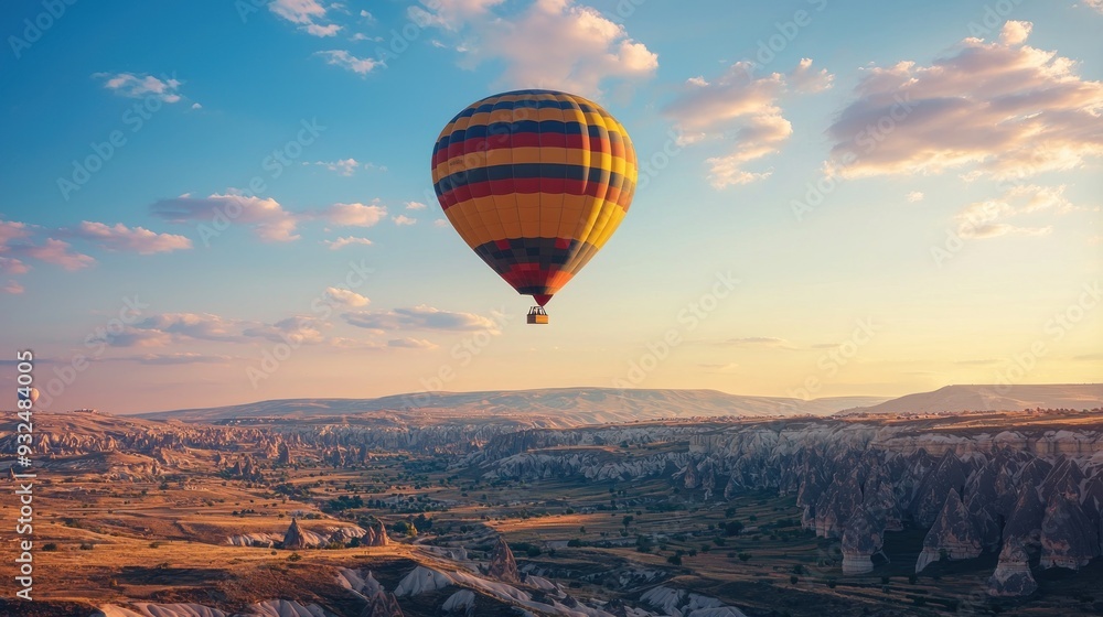 Obraz premium Hot Air Balloon Soaring Over Cappadocia's Rock Formations at Sunset