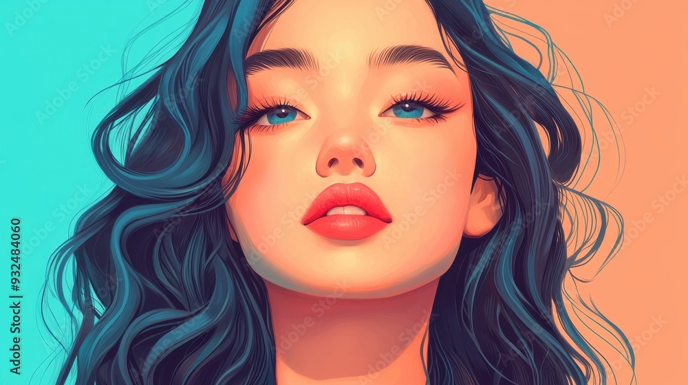 Vibrant portrait of a young woman with flowing hair and captivating eyes, showcasing beauty in a modern artistic style. Vibrant portrait of a young woman with flowing hair and captivating eyes, showcasing beauty in a modern artistic style.