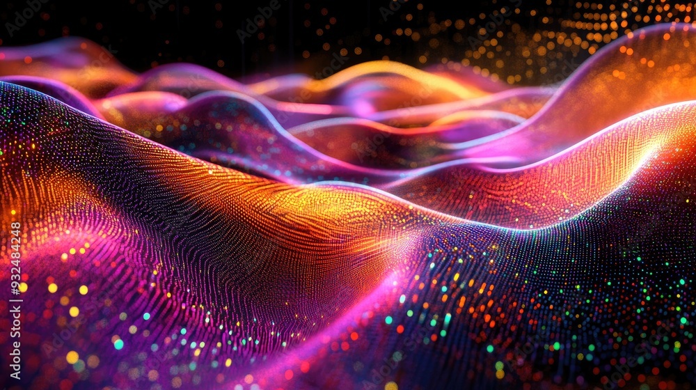 Neon dots creating a flowing abstract landscape, set in a paradise backdrop, digital fantasy world
