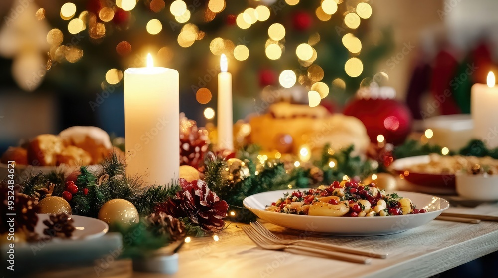 A beautifully arranged Christmas dinner table adorned with candles, festive decorations, and delicious food under warm lights. A beautifully arranged Christmas dinner table adorned with candles, festive decorations, and delicious food under warm lights.