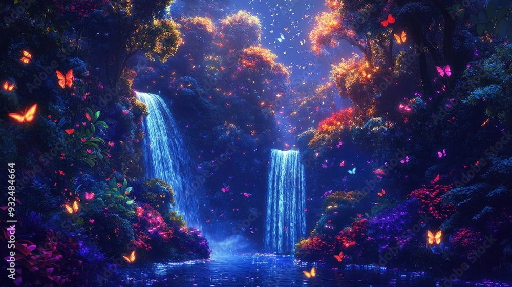Obraz premium Neon dots forming trees, waterfall, and flying butterflies, creating a colorful paradise landscape, vibrant and ethereal