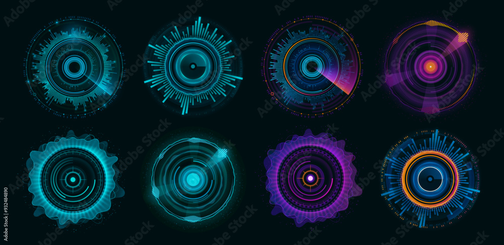 Round circle futuristic chart and HUD interface dashboard elements, vector infographic diagrams. HUD radar scans and sonar detectors with target aim monitor for dashboard info data charts and graphs Round circle futuristic chart and HUD interface dashboard elements, vector infographic diagrams. HUD radar scans and sonar detectors with target aim monitor for dashboard info data charts and graphs