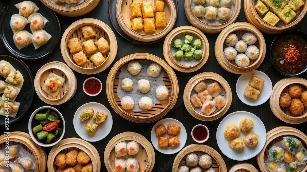 Delightful Dim Sum Feast: A Selection of Steaming Hot Dumplings, Buns, and Spring Rolls Served in Bamboo Steamers on a Table Delightful Dim Sum Feast: A Selection of Steaming Hot Dumplings, Buns, and Spring Rolls Served in Bamboo Steamers on a Table