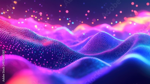 Wallpaper Mural Neon geometric shapes cascading over a landscape of neon dots, set in a paradise backdrop, abstract digital art Torontodigital.ca