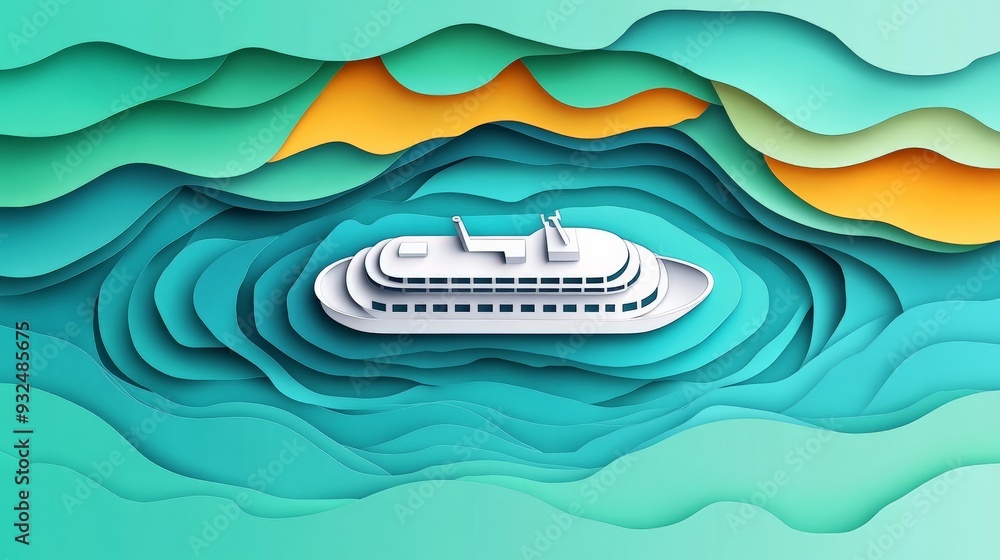 Abstract paper art design of a white ship sailing in the ocean with layered blue, green, and yellow waves. Abstract paper art design of a white ship sailing in the ocean with layered blue, green, and yellow waves.
