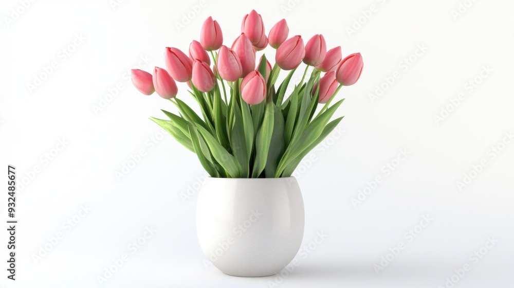 A detailed 3D render of a bunch of tulips in a metal bucket, colorful and fresh, isolated on white background
