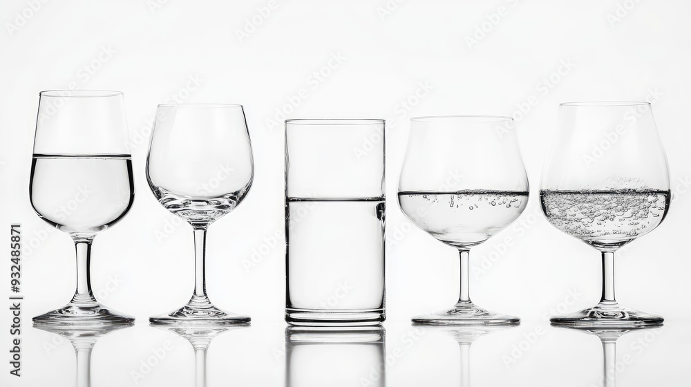Several glasses filled to various levels, abstract on white background, minimalistic exploration of water balance Several glasses filled to various levels, abstract on white background, minimalistic exploration of water balance