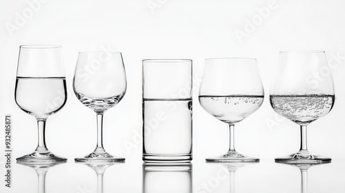 Several glasses filled to various levels, abstract on white background, minimalistic exploration of water balance