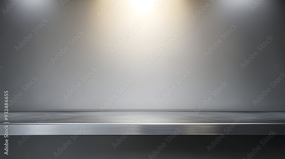 Silver steel countertop, empty shelf. Kitchen counter on gray background with spot light. Bar desk surface in foreground Silver steel countertop, empty shelf. Kitchen counter on gray background with spot light. Bar desk surface in foreground