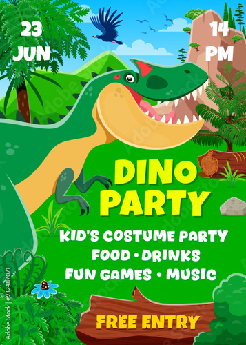 Kids dino party flyer with funny prehistoric dinosaur in jungles. Vector birthday invitation poster with flying argentavis and allosaurus roar. Vivid banner with cartoon reptile at tropical landscape
