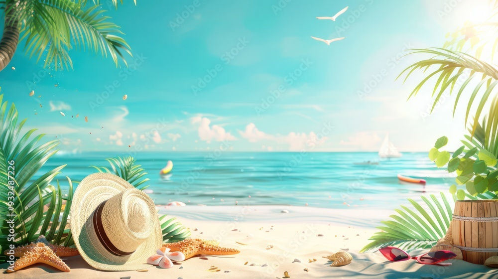 Fototapeta premium Tropical Beach Scene with Summer Essentials